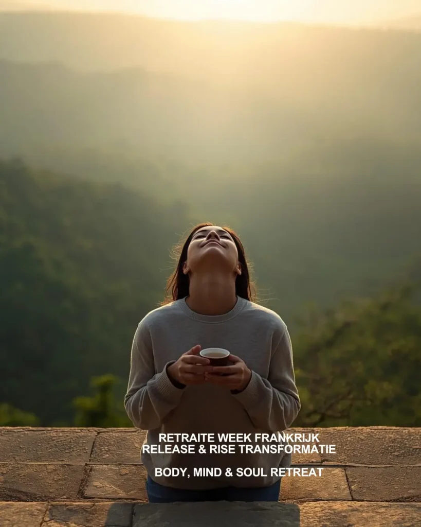 Vrouw in meditatie met een kop thee, retraite week Frankrijk