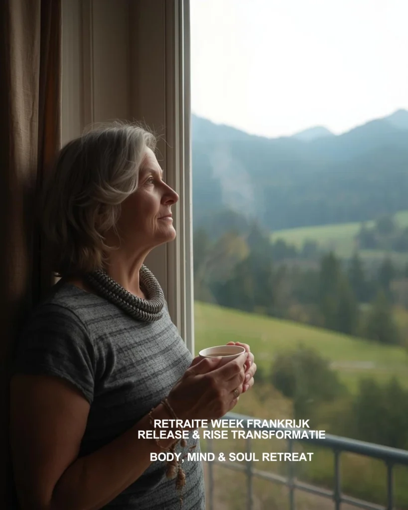 Vrouw met een kop thee kijkt uit over de Franse heuvels